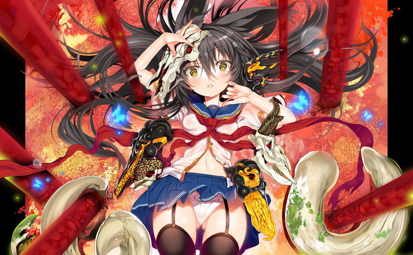 animal_ears ass_visible_through_thighs black_hair black_legwear blush bra char from_above garter_straps hair_spread_out highres horns long_hair looking_at_viewer lying navel necro-san on_back open_mouth original panties parted_lips revision ribbon school_uniform see-through skirt skull solo thighhighs underwear yellow_eyes