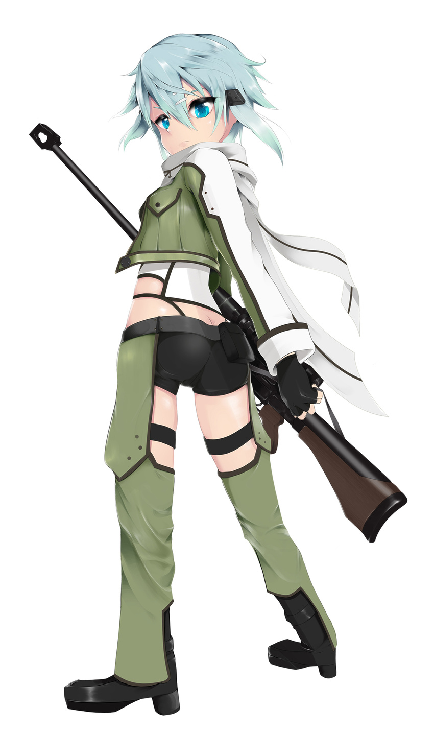 anti-materiel_rifle ass blue_eyes blue_hair ddd fingerless_gloves from_behind gloves gun highres pgm_hecate_ii rifle scarf short_hair short_shorts shorts sinon sniper_rifle sword_art_online weapon