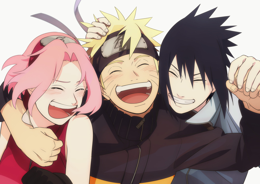 2boys black_hair blonde_hair closed_eyes forehead_protector good_end grin happy haruno_sakura laughing long_hair multiple_boys naruto naruto_(series) naruto_shippuuden oba-min open_mouth pink_hair short_hair smile uchiha_sasuke uzumaki_naruto