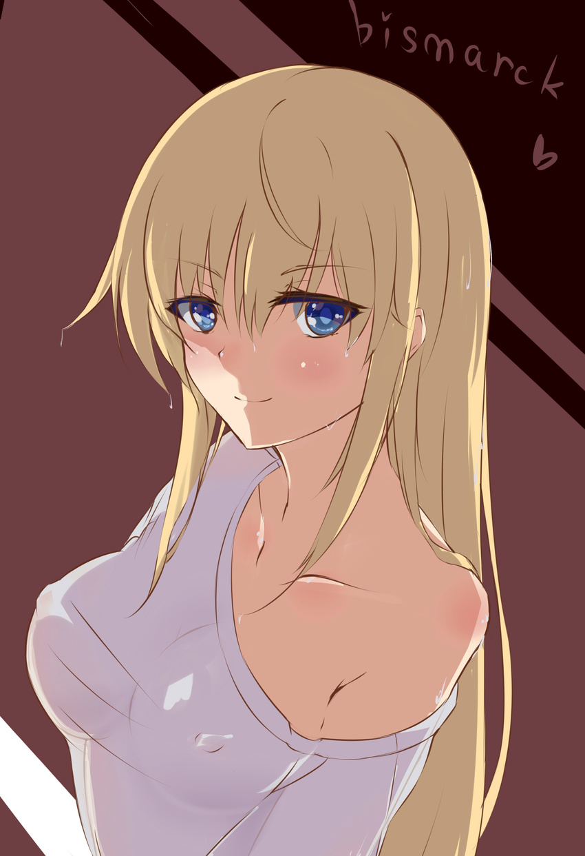 absurdres bare_shoulders bismarck_(kantai_collection) blonde_hair blue_eyes breasts brown_background casual character_name collarbone covered_nipples dedeyong dripping heart highres kantai_collection light_smile long_hair looking_at_viewer medium_breasts no_bra no_hat no_headwear shirt solo taut_clothes taut_shirt upper_body wet wet_clothes white_shirt
