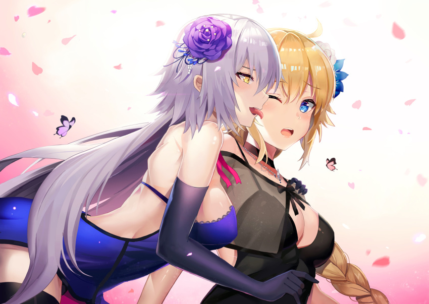 2girls :o black_dress black_legwear blonde_hair blue_dress blue_eyes blue_flower blush braid breasts bug butterfly cleavage commentary_request dress elbow_gloves face_licking fate/grand_order fate_(series) flower gloves hair_flower hair_ornament hand_on_another's_shoulder insect jeanne_d'arc_(alter)_(fate) jeanne_d'arc_(fate) jeanne_d'arc_(fate)_(all) jewelry l.bou large_breasts licking long_braid long_hair multiple_girls necklace one_eye_closed petals purple_flower purple_gloves revision silver_hair single_braid surprised thighhighs traditional_media very_long_hair watercolor_(medium) yellow_eyes yuri