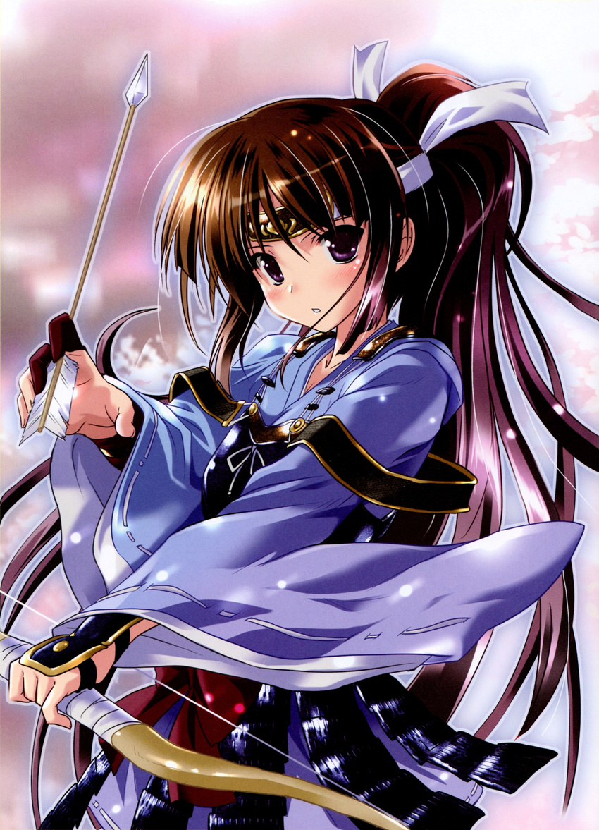 absurdres arrow bow_(weapon) brown_hair hachimaki headband highres inahime_(sengoku_musou) japanese_clothes kimono komatsu_eiji ponytail purple_eyes sengoku_musou weapon