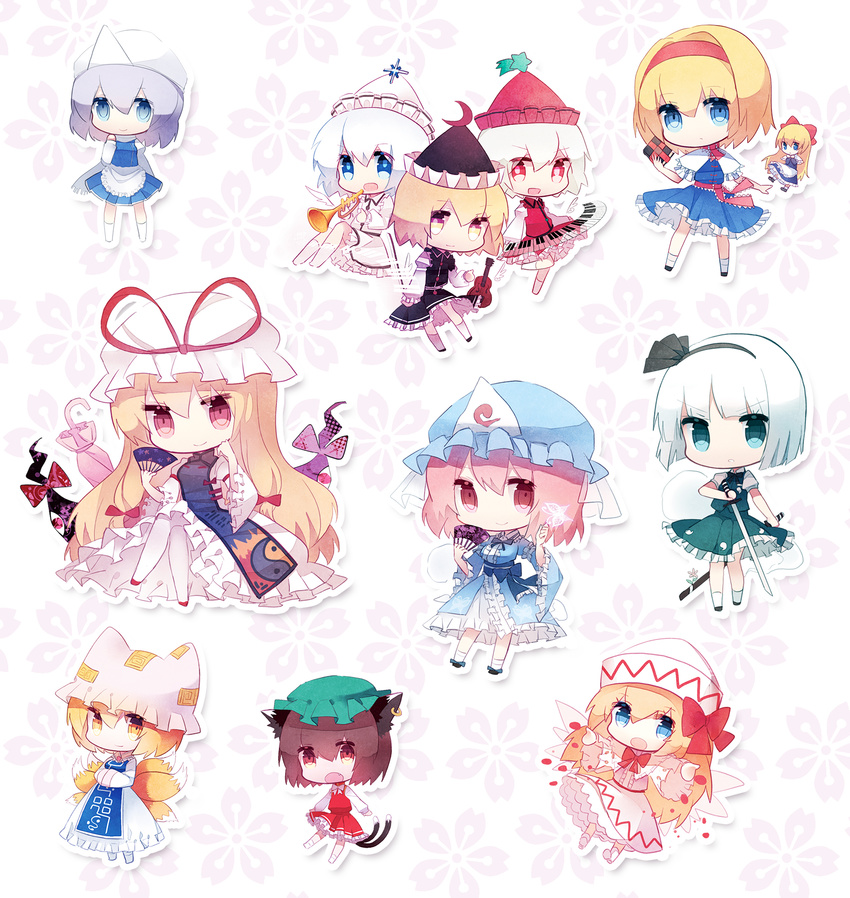 6+girls alice_margatroid animal_ears chen chibi cuivre dress fang hair_ribbon hat highres kiriko konpaku_youmu letty_whiterock lily_white lunasa_prismriver lyrica_prismriver merlin_prismriver multiple_girls open_mouth pantyhose ribbon saigyouji_yuyuko sword tail touhou weapon yakumo_ran yakumo_yukari