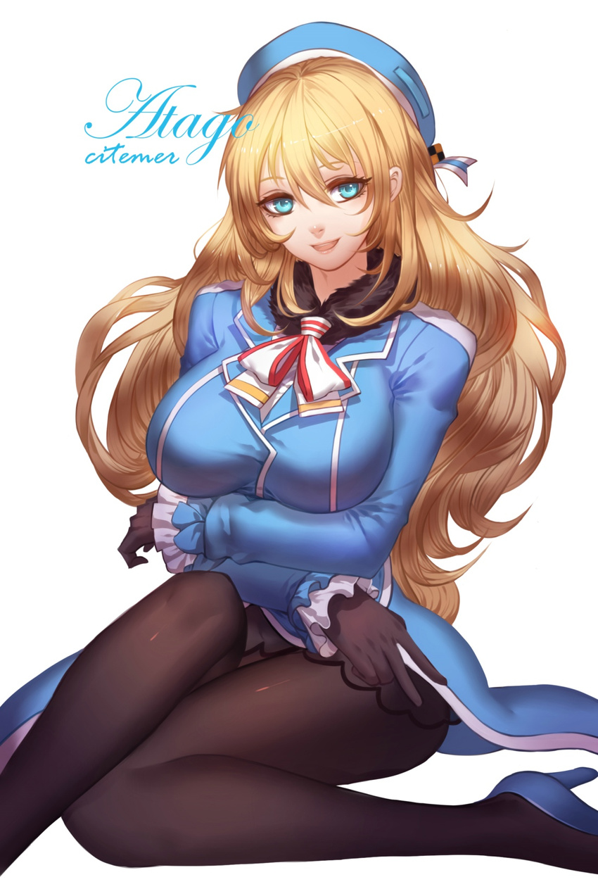 aqua_eyes artist_name atago_(kantai_collection) beret black_gloves black_legwear blonde_hair blue_dress breast_hold breasts character_name citemer crossed_arms dress frilled_sleeves frills gloves hat high_heels highres kantai_collection large_breasts long_hair long_legs looking_at_viewer military military_uniform open_mouth pantyhose sitting solo uniform very_long_hair