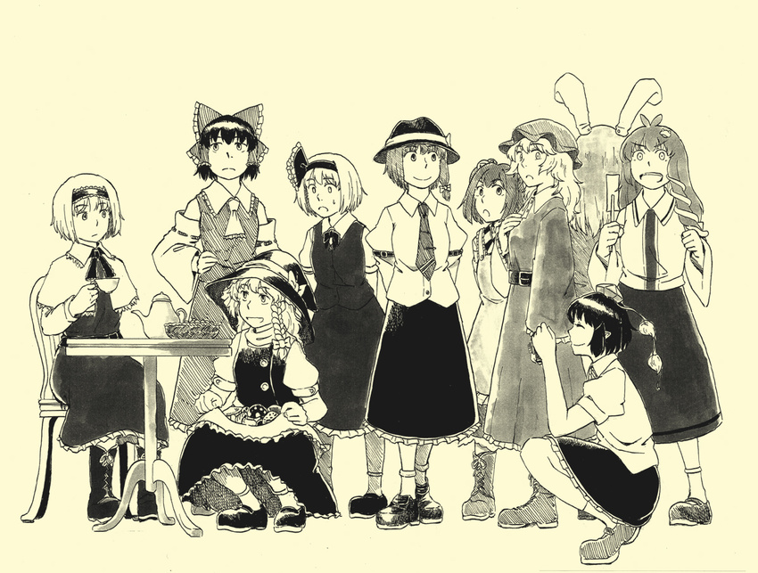 alice_margatroid animal_ears apron ascot bell blazer bow braid bunny_ears camera capelet checkered cup detached_sleeves dress frog frog_hair_ornament gohei hair_bell hair_bow hair_ornament hair_tubes hairband hakurei_reimu hat jacket kirisame_marisa kochiya_sanae konpaku_youmu long_hair maribel_hearn maruhachi_(maruhachi_record) monochrome motoori_kosuzu multiple_girls mushroom necktie open_mouth pointy_ears reisen_udongein_inaba ribbon shameimaru_aya short_hair skirt smile snake snake_hair_ornament squatting teacup teapot tokin_hat touhou twintails usami_renko witch_hat