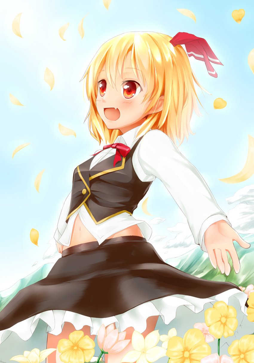 :d belly_peek blonde_hair blue_sky blush bow bowtie collared_shirt day embellished_costume fang field flower flower_field hair_ribbon highres navel open_mouth outstretched_arms petals red_eyes ribbon rumia shiron_(e1na1e2lu2ne3ru3) shirt short_hair sky smile solo spinning touhou vest