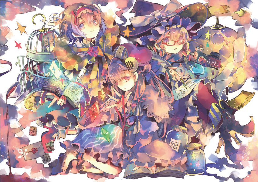 adapted_costume alice_margatroid blonde_hair blue_eyes book bottle bow capelet cha_goma crescent crescent_hair_ornament hair_ornament hairband hat hat_bow kirisame_marisa multiple_girls patchouli_knowledge purple_eyes purple_hair sash shanghai_doll touhou witch_hat