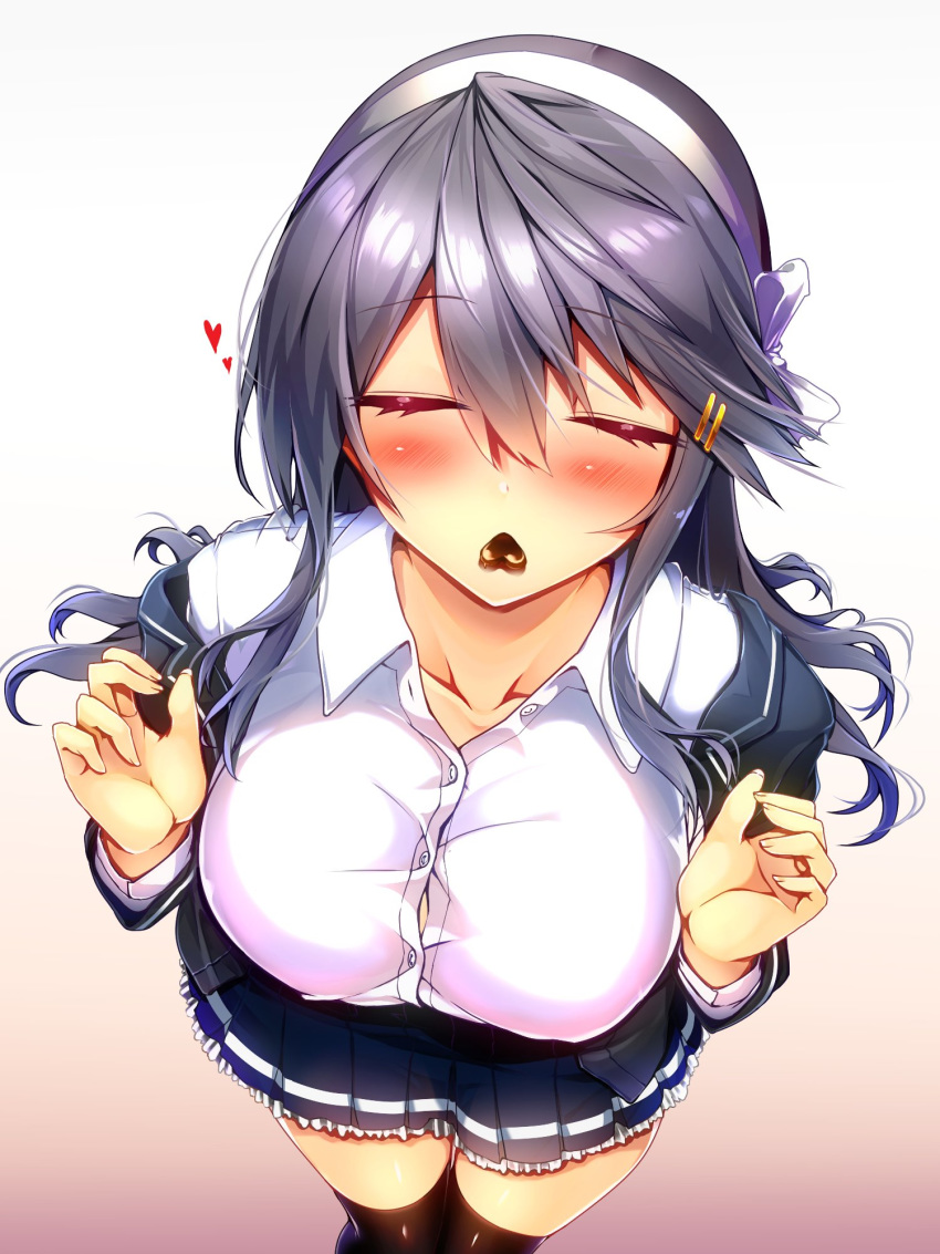 1girl bangs black_hair black_legwear blazer blue_skirt blush breasts chocolate cleavage collarbone collared_shirt eyes_closed facing_viewer gradient gradient_background grey_jacket hair_ornament hairband hands_up haruna_(kantai_collection) heart highres jacket kantai_collection large_breasts long_hair mouth_hold off_shoulder open_blazer open_clothes open_jacket petticoat pleated_skirt shirt sidelocks simple_background skirt solo swept_bangs taut_clothes taut_shirt thighs tsukui_kachou valentine white_hairband white_shirt