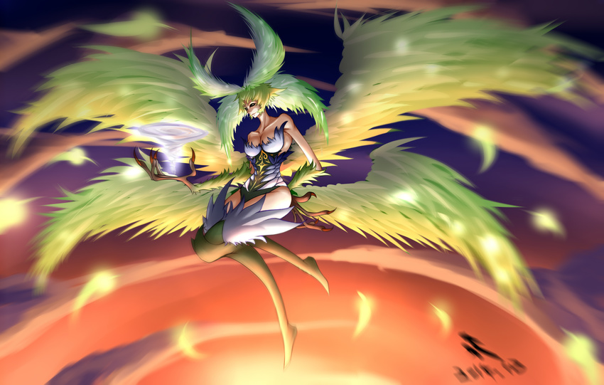 artist_request bare_shoulders breasts claws cleavage feathers final_fantasy final_fantasy_xiv garuda highres monster_girl multiple_wings tornado wind wings