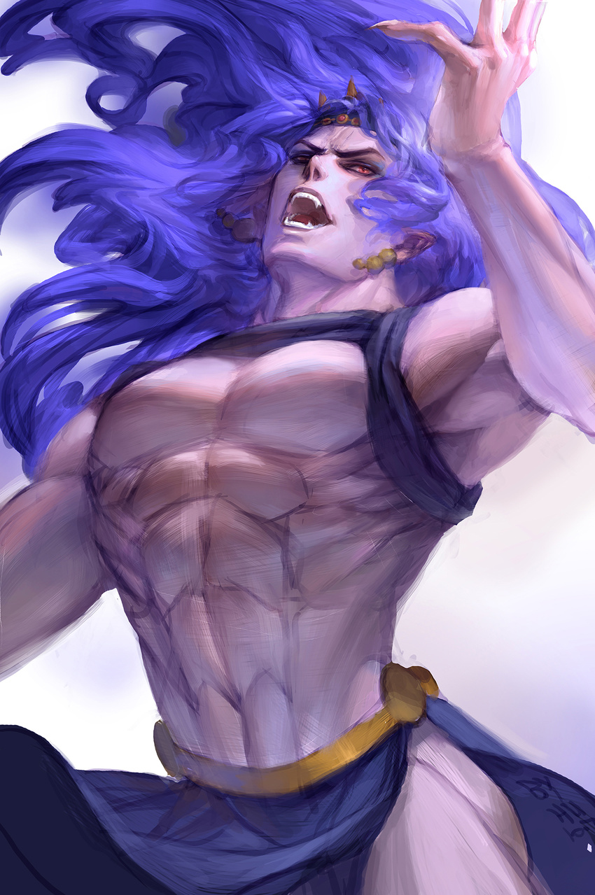 battle_tendency blue_hair earrings fangs highres horns jewelry jojo_no_kimyou_na_bouken kars_(jojo) long_hair male_focus manly muscle purple_hair shirtless solo ultramarine very_long_hair