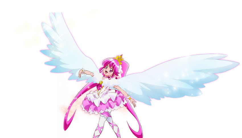 :d aino_megumi ballerina cure_lovely full_body happinesscharge_precure! highres large_wings long_hair magical_girl official_art oota_kazuhiro open_mouth outstretched_arms pantyhose pink_eyes pink_hair pink_skirt precure skirt smile solo sparkle spread_arms super_happiness_lovely tiara transparent_background twintails white_legwear wings wrist_cuffs