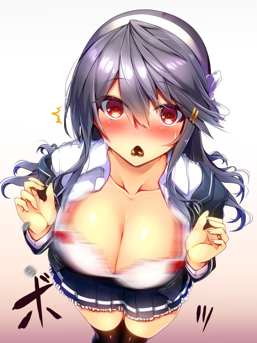 1girl bangs black_hair black_legwear blazer blue_skirt blush breasts brown_eyes chocolate cleavage collarbone collared_shirt embarrassed eyes_closed facing_viewer gradient gradient_background grey_jacket hair_ornament hairband hands_up haruna_(kantai_collection) heart highres jacket kantai_collection large_breasts long_hair motion_blur mouth_hold off_shoulder open_blazer open_clothes open_jacket opening_eyes petticoat pleated_skirt shirt sidelocks simple_background skirt solo surprised sweatdrop swept_bangs taut_clothes taut_shirt thighs tsukui_kachou valentine wardrobe_malfunction white_hairband white_shirt