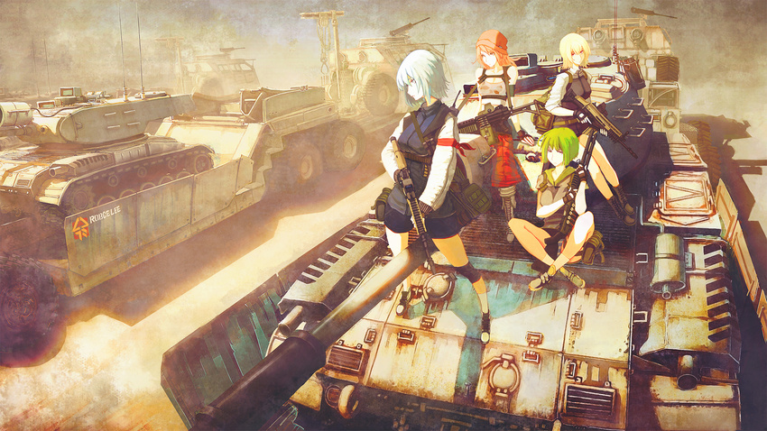 aqua_eyes arm_ribbon assault_rifle beanie boots caterpillar_tracks crossed_legs desert eotech fingerless_gloves fn_scar gloves green_hair ground_vehicle gun hat highres hood hoodie jacket m249 m41_walker_bulldog machine_gun military military_vehicle motor_vehicle multiple_girls orange_hair original panties pantyshot red_eyes remington_870 ribbon rifle robce_lee shoes shorts shotgun shotgun_shells silver_hair sleeveless sleeveless_hoodie sling sneakers striped striped_panties tank trailer trigger_discipline underwear wallpaper weapon