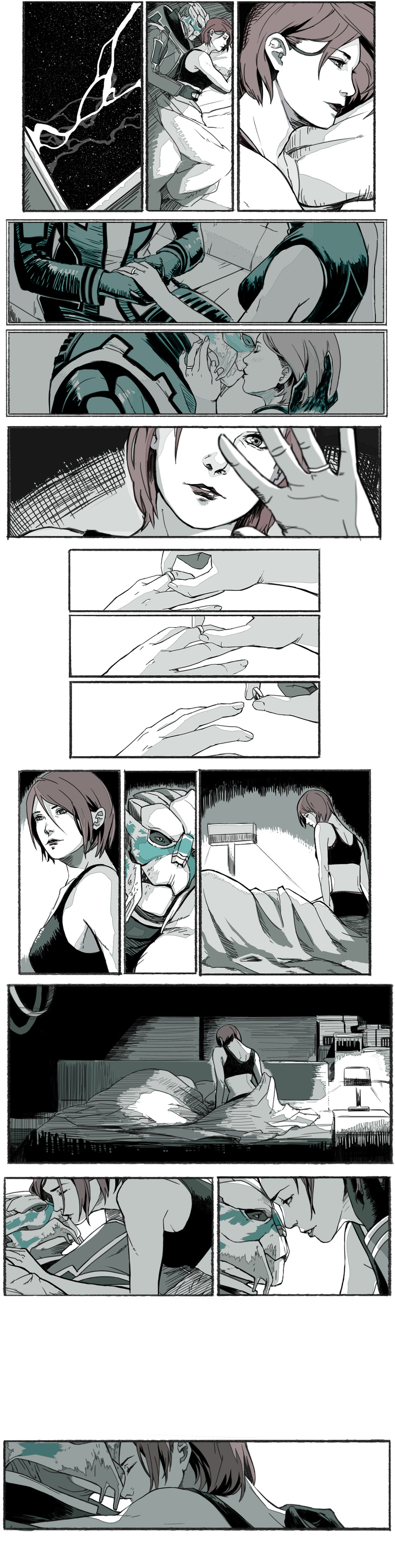 1girl absurdres alien bed comic commander_shepard commander_shepard_(female) couple garrus_vakarian girl_on_top highres holding holding_ring interspecies jewelry jewelry_removed kiss mass_effect mass_effect_2 mass_effect_3 md5_mismatch night ring short_hair silent_comic sleeping stitched third-party_edit turian underwear wedding_band wei