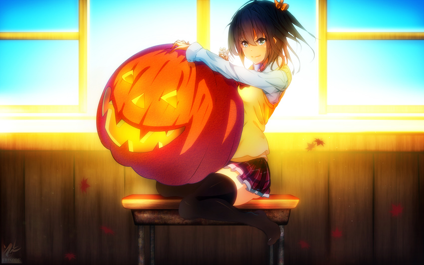 black_hair blue_eyes chuunibyou_demo_koi_ga_shitai! desk frilled_skirt frills furisode_(pixilvina) halloween highres jack-o'-lantern no_eyepatch on_desk one_side_up plaid plaid_skirt pumpkin school_desk school_uniform short_hair sitting sitting_on_desk skirt sweater_vest takanashi_rikka thighhighs