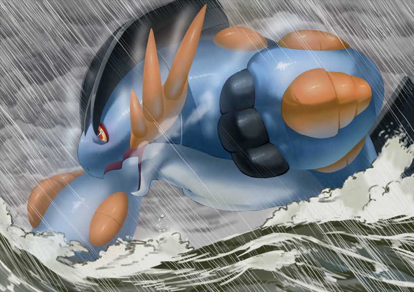 cloudy_sky commentary_request gen_3_pokemon mega_pokemon mega_swampert no_humans open_mouth pokemon pokemon_(creature) pokemon_(game) pokemon_oras rain red_eyes sky solo swampert toranoe water