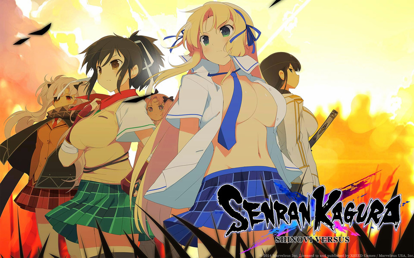 5girls arm_garter arm_guards asuka_(senran_kagura) bandages black_hair blonde_hair blue_eyes blue_neckwear bow breasts brown_hair copyright_name emblem eyepatch field gauntlets grass green_eyes gym_uniform hibari_(senran_kagura) highres hime_cut huge_breasts ikaruga_(senran_kagura) jpeg_artifacts katana katsuragi_(senran_kagura) long_hair multiple_girls necktie official_art open_clothes open_shirt pink_hair plaid plaid_skirt pleated_skirt ponytail red_eyes ribbon scarf senran_kagura senran_kagura_shinovi_versus serious shirt short_ponytail shuriken skirt sunset sweater sweater_vest sword thighhighs twintails very_long_hair weapon white_hair yaegashi_nan yagyuu_(senran_kagura)