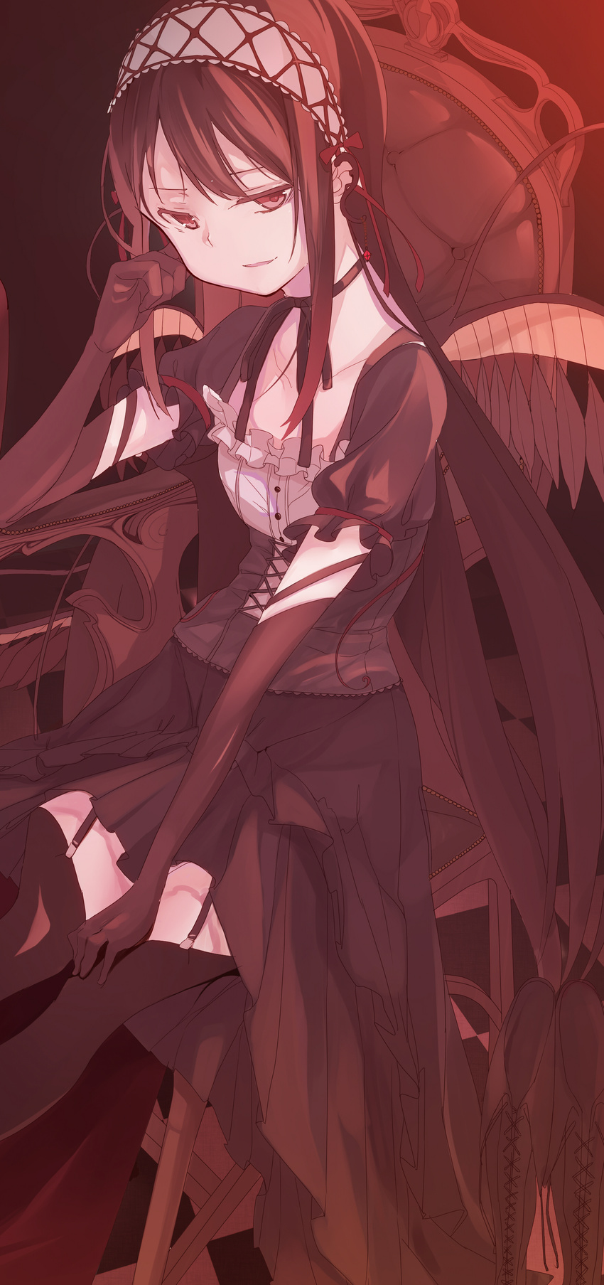 absurdres akemi_homura akuma_homura black_gloves black_hair chin_rest dress elbow_gloves gloves highres kokoro6636 long_hair looking_at_viewer mahou_shoujo_madoka_magica mahou_shoujo_madoka_magica_movie open_mouth purple_eyes sitting smile solo spoilers thighhighs wings