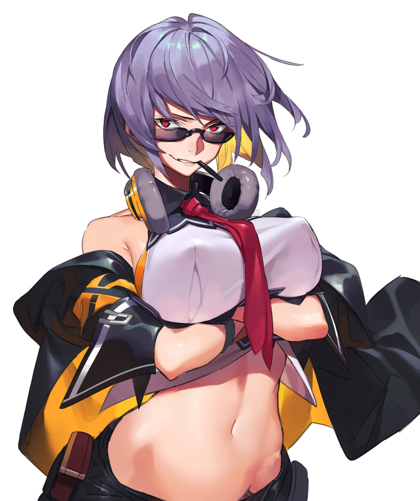 1girl absurdres amrkdrw bangs bare_shoulders breasts coat crossed_arms girls_frontline glasses headphones headphones_around_neck highres large_breasts looking_at_viewer navel necktie red_eyes red_neckwear shirt short_hair short_sleeves silver_hair simple_background sleeveless sleeveless_shirt solo stomach sunglasses teeth thompson_submachine_gun_(girls_frontline) upper_body white_background