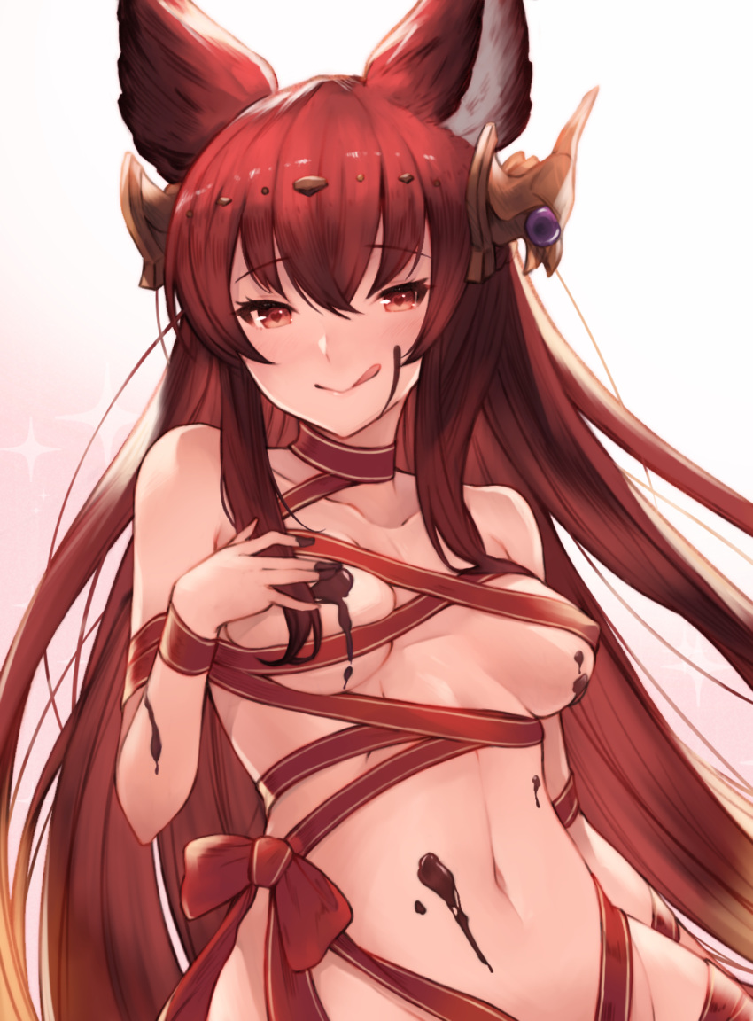 1girl :q animal_ears anthuria bangs blush breasts chocolate closed_mouth collarbone commentary_request erune granblue_fantasy hair_between_eyes hair_ornament hand_on_own_chest highres koretsuki_azuma licking_lips long_hair looking_at_viewer medium_breasts naked_ribbon navel red_eyes red_hair ribbon sidelocks smile solo tongue tongue_out valentine