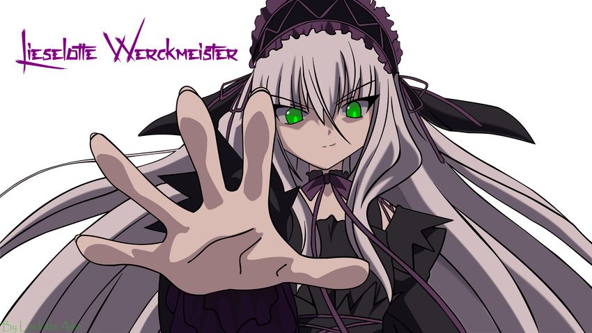 11eyes 1girl absurdres black_dress dress green_eyes grey_hair highres lisette_vertorre lolita_fashion long_hair silver_hair smile solo vector_trace very_long_hair white_background white_hair