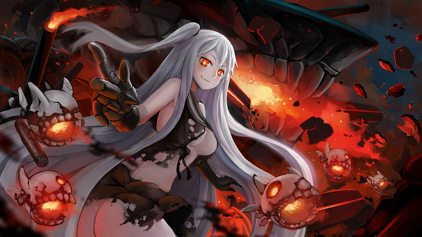 aircraft_carrier_hime ass breasts cannon crop_top crop_top_overhang dress gauntlets grin highres kantai_collection large_breasts long_hair looking_at_viewer looking_to_the_side machinery one_side_up outstretched_arms pale_skin pleated_skirt red_eyes sailor_collar sekigan shinkaisei-kan skirt sleeveless sleeveless_dress smile solo spread_arms standing torn_clothes torn_dress turret twisted_torso underboob very_long_hair white_hair
