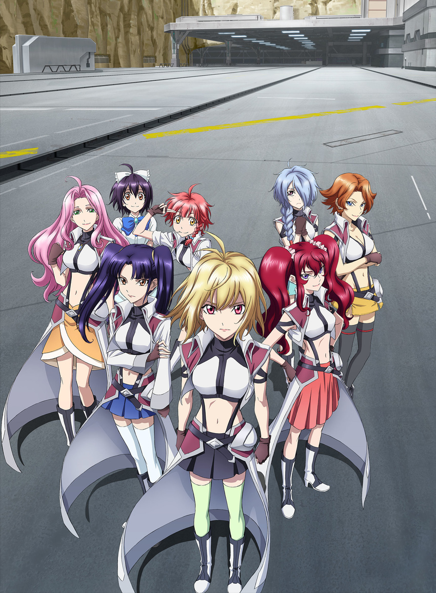 absurdres ahoge angelise_ikaruga_misurugi blonde_hair blue_hair boots braid breasts brown_hair candy chris_(cross_ange) cleavage cross_ange ersha_(cross_ange) food green_legwear hair_over_shoulder highres hilda_(cross_ange) lollipop long_hair maid medium_breasts momoka_oginome multiple_girls official_art pink_hair purple_eyes red_eyes red_hair rosalie_(cross_ange) salia_(cross_ange) short_hair single_braid thighhighs twintails vivian_(cross_ange) white_legwear yellow_eyes zettai_ryouiki