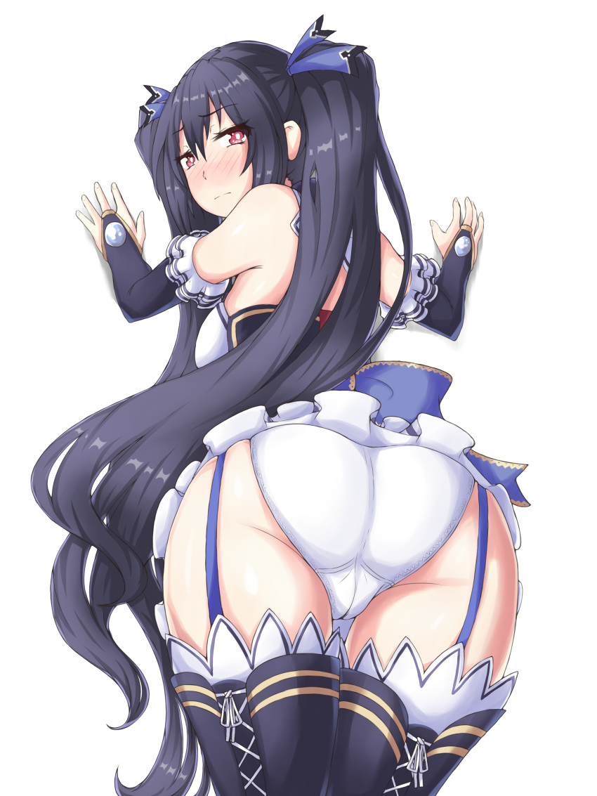1girl absurdres ass bare_shoulders bending_forward black_hair blush breasts bridal_gauntlets cameltoe choujigen_game_neptune compile_heart dress from_behind garter_straps hair_ribbon highres huge_ass idea_factory large_breasts leaning leaning_forward long_hair looking_at_viewer looking_back neptune_(series) noire panties physisyoon red_eyes ribbon shiny shiny_hair shiny_skin skirt solo thighhighs twintails underwear very_long_hair