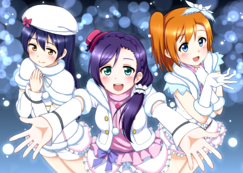 :d beret blue_eyes blue_hair blush coat cowboy_shot elbow_gloves frills fur_trim gloves green_eyes hat kousaka_honoka long_sleeves looking_back love_live! love_live!_school_idol_project mohya multiple_girls one_side_up open_mouth orange_hair outstretched_arms palms pom_pom_(clothes) purple_hair skirt smile snow_halation sonoda_umi standing sweater toujou_nozomi white_gloves white_skirt yellow_eyes