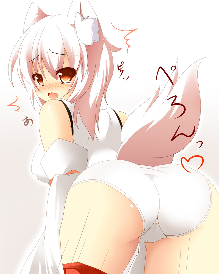 1girl absurdres animal_ears ass bad_id bad_pixiv_id bare_shoulders bent_over blush breasts d: detached_sleeves hajime_(ak-r) highres inubashiri_momiji large_breasts motion_lines open_mouth panties pink_hair red_eyes short_hair skirt skirt_pull solo tail tears touhou underwear wavy_mouth white_panties wolf_ears wolf_tail