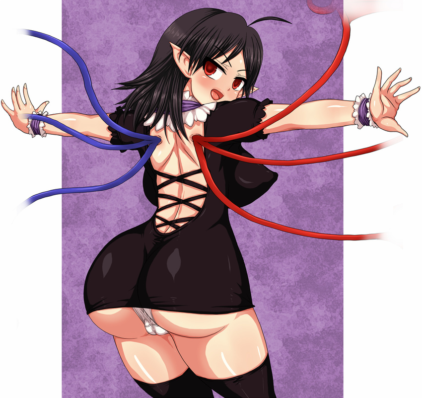 ass asymmetrical_wings black_hair black_legwear breasts cameltoe fat_mons highres houjuu_nue huge_ass n_(dai_n_honpo) panties partially_visible_vulva red_eyes solo thighhighs touhou underwear white_panties wings