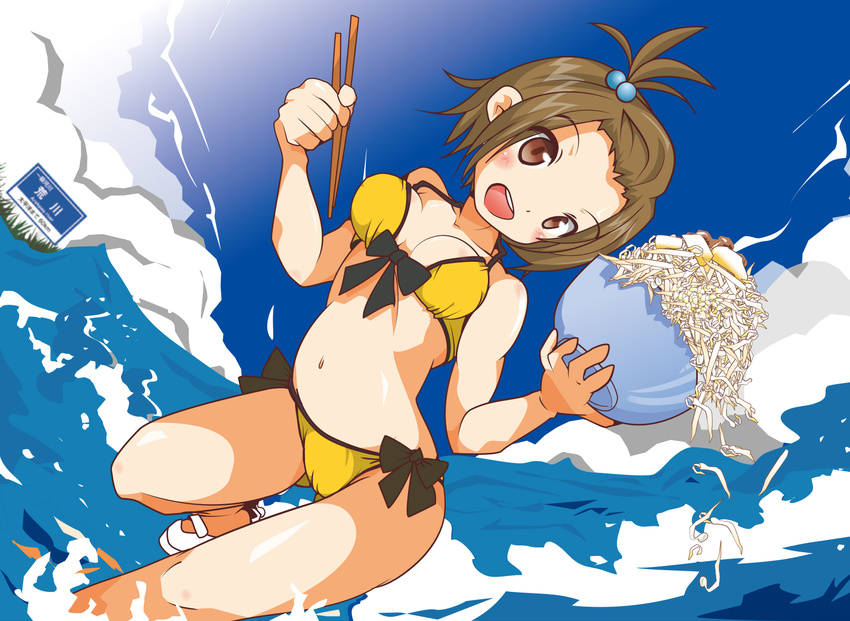 bikini brown_eyes brown_hair chopsticks highres jirou_(ramen) original short_hair swimsuit wa_nami