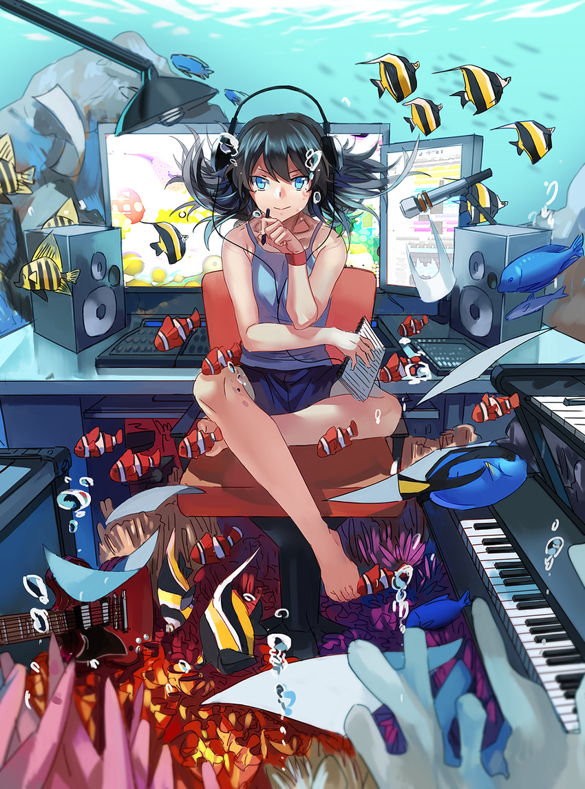 air_bubble angelfish bad_id bad_pixiv_id barefoot black_hair blue_eyes bubble clownfish computer coral fantasy full_body hairband headphones highres instrument keyboard_(instrument) looking_at_viewer microphone monitor original piano rff_(3_percent) short_hair shorts sitting solo speaker surreal underwater water