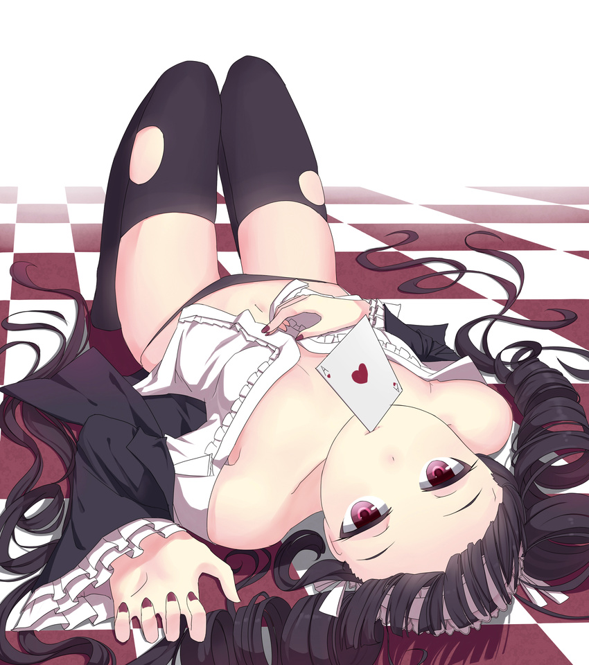 absurdres black_hair black_panties bonnet breasts card celestia_ludenberck checkered checkered_floor danganronpa danganronpa_1 drill_hair foxbird highres long_hair looking_at_viewer lying mouth_hold nail_polish navel no_bra on_back panties red_eyes small_breasts solo thighhighs torn_clothes torn_legwear twin_drills underwear upside-down