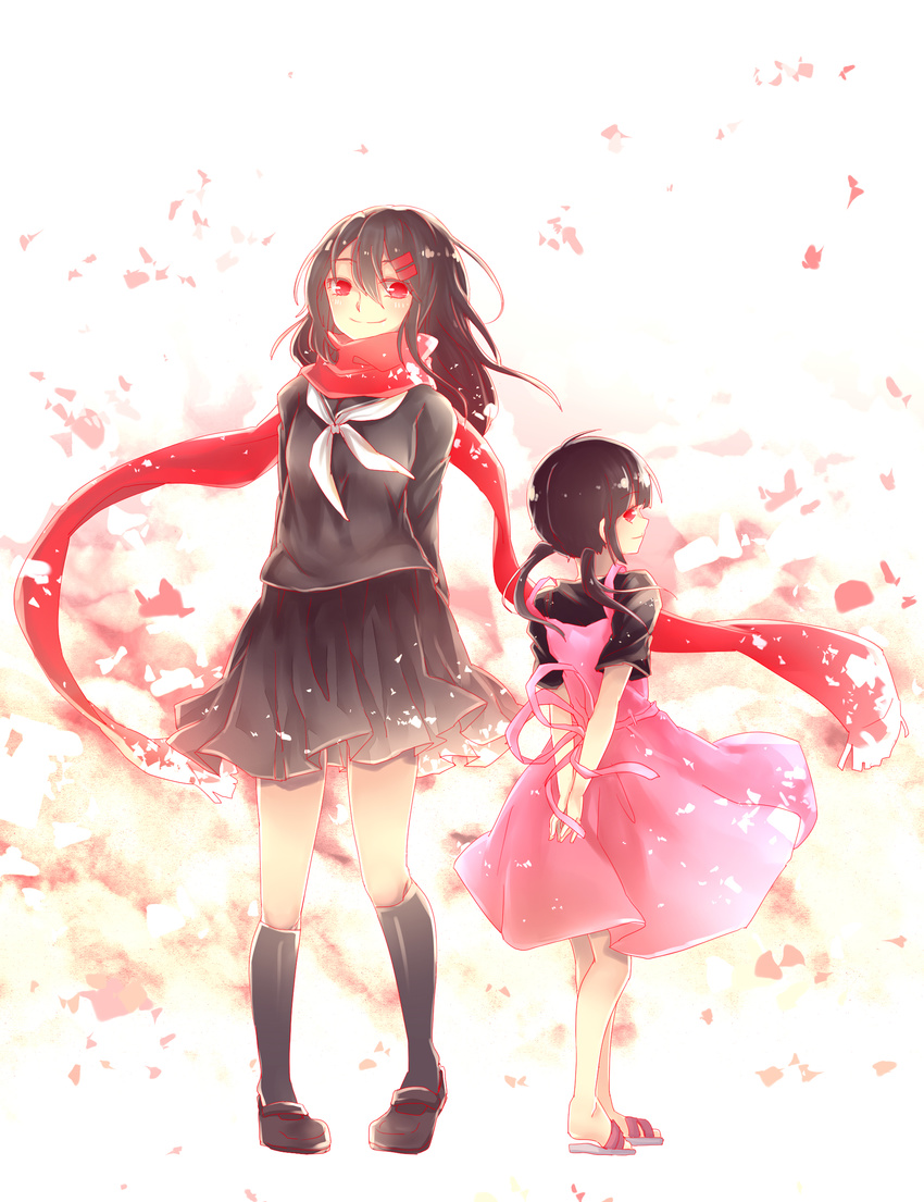 absurdres asahina_hiyori aunt_and_niece bad_id bad_pixiv_id black_hair hair_ornament hairclip highres kagerou_project long_hair multiple_girls red_eyes red_scarf scarf school_uniform serafuku shuumatsu_(lulux_woodoo) tateyama_ayano twintails