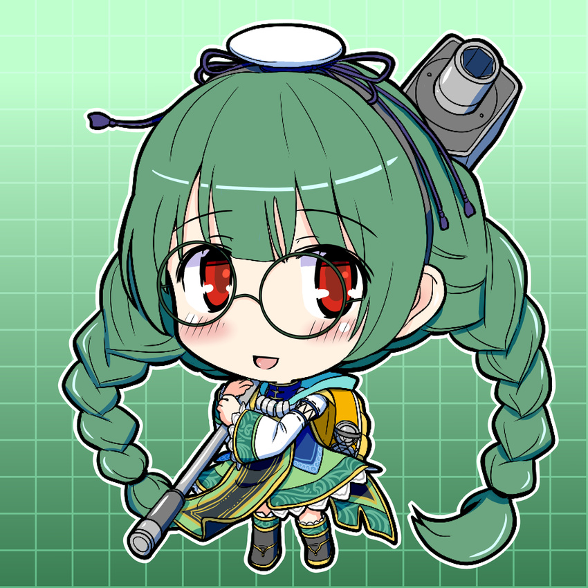 backpack bag blush braid chibi dress eruru_(erl) glasses gradient gradient_background green-framed_eyewear green_background green_dress green_hair hairband highres holding long_hair long_sleeves ole_tower open_mouth outline red_eyes smile socket_wrench socket_wrench_(ole_tower) socket_wrench_m36_(ole_tower) solo twin_braids