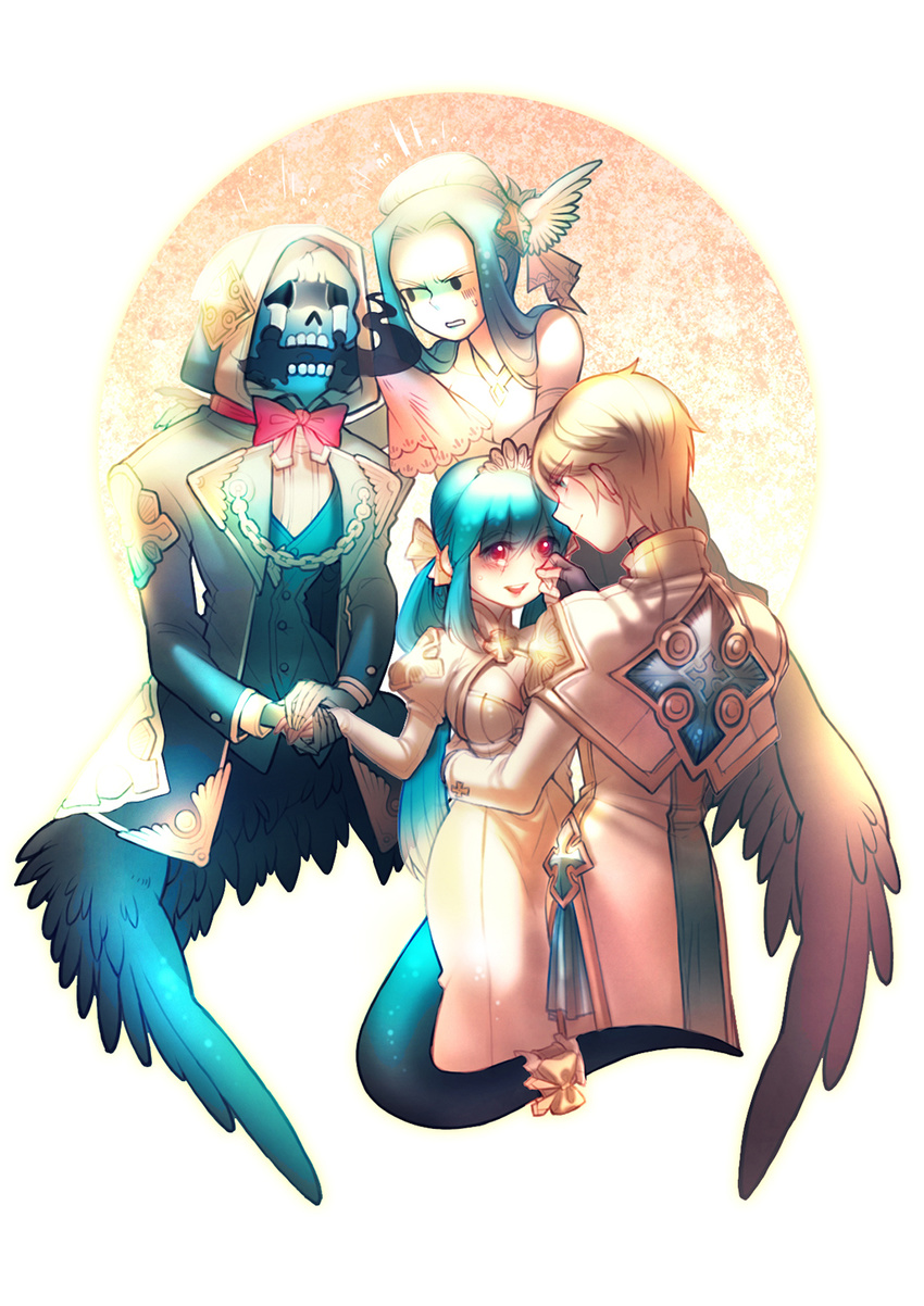 2girls asymmetrical_wings bad_id bad_pixiv_id blonde_hair blue_hair bow bowtie breasts dizzy guilty_gear highres husband_and_wife ky_kiske long_hair medium_breasts multiple_girls necro_(guilty_gear) red_eyes ribbon san_(winteroll) skull tail tail_ribbon tears twintails undine_(guilty_gear) wedding wings