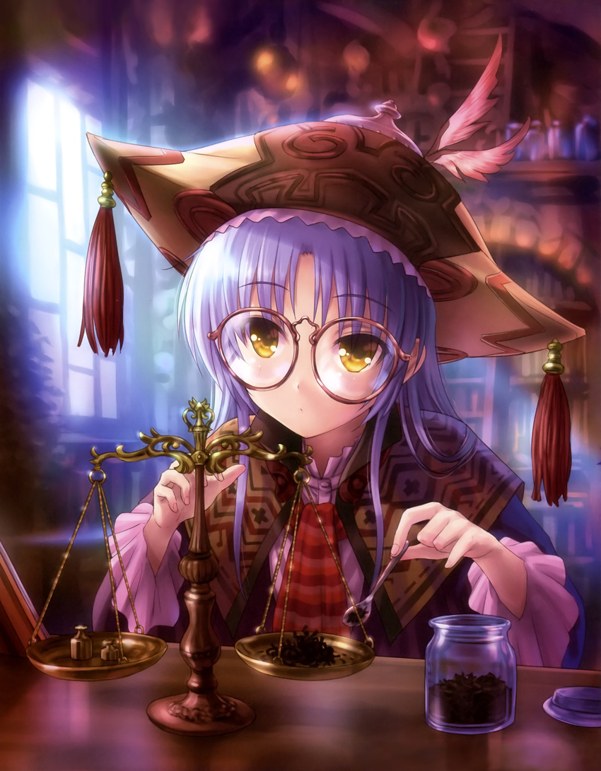 absurdres angel_beats! balance_scale bangs bespectacled capelet eyebrows_visible_through_hair fingernails focused frills glasses goto_p hat hat_feather highres holding holding_spoon indoors japanese_clothes jar lavender_hair libra long_hair long_sleeves plaid purple_hair red-framed_eyewear round_eyewear silver_hair spoon tassel teaspoon tenshi_(angel_beats!) upper_body weighing_scale window yellow_eyes