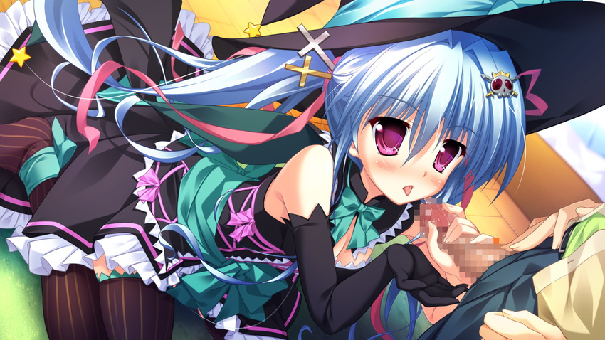 1girl blue_hair censored elbow_gloves game_cg gloves hair_ornament long_hair luluna magical_marriage_lunatics!! moonstone ornament penis purple_eyes thighhighs twintails yamakaze_ran