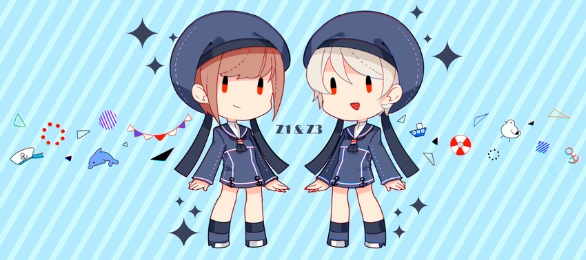 :d alternate_eye_color anchor animal aooni bird blonde_hair blue_background brown_hair chibi chromatic_aberration dolphin hat highres innertube kantai_collection long_sleeves military military_uniform multiple_girls neckerchief open_mouth red_eyes sailor_collar sailor_hat seagull short_hair smile sparkle striped striped_background uniform z1_leberecht_maass_(kantai_collection) z3_max_schultz_(kantai_collection)