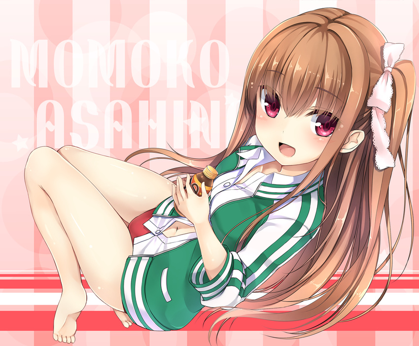 :d asahina_momoko barefoot bottle brown_hair buruma character_name energy_drink girlfriend_(kari) gym_uniform jacket kaguyuu legs long_hair navel no_pants open_mouth red_eyes ribbon shirt side_ponytail smile solo thigh_gap toes track_jacket unbuttoned