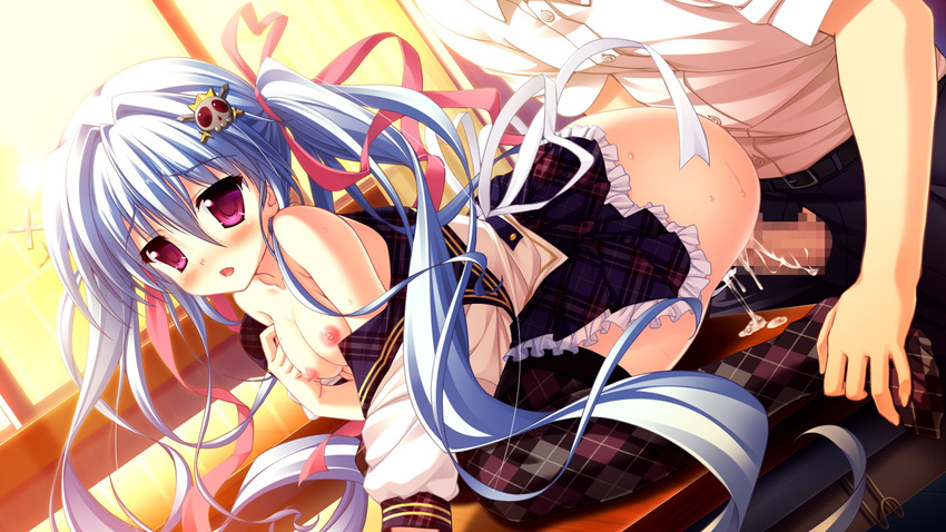 1girl blue_hair blush breasts censored collarbone cum cum_in_pussy game_cg hair_ornament long_hair luluna magical_marriage_lunatics!! moonstone nipples open_mouth ornament penis purple_eyes ribbon sex thighhighs twintails vaginal yamakaze_ran