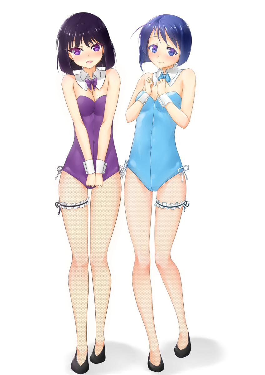 2girls :o bad_hands bad_proportions bishoujo_senshi_sailor_moon black_footwear black_hair blue_bow blue_hair blue_leotard blush bow bowtie breasts covered_navel detached_collar earrings fishnets highres jewelry leotard looking_at_viewer love_hina maehara_shinobu medium_breasts medium_hair multiple_girls purple_bow purple_eyes purple_leotard small_breasts smile standing thigh_strap tomoe_hotaru vahn_yourdoom white_background wrist_cuffs