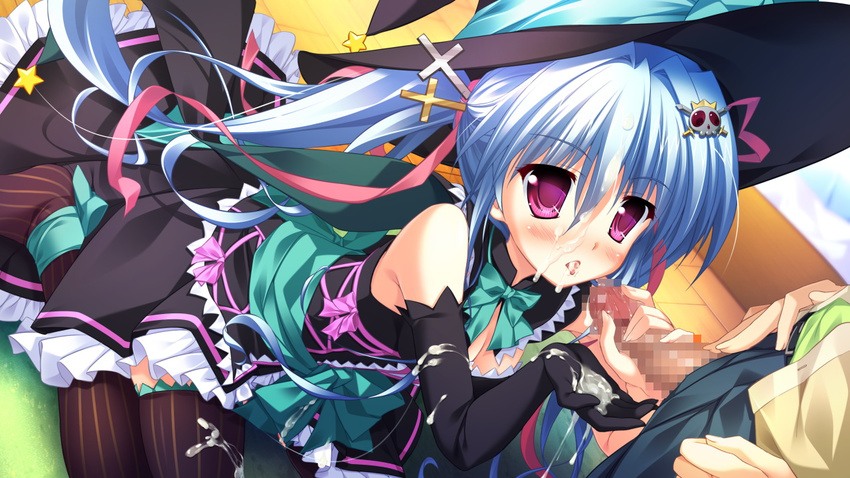 1girl blue_hair censored cum elbow_gloves facial game_cg gloves hair_ornament long_hair luluna magical_marriage_lunatics!! moonstone ornament penis purple_eyes thighhighs twintails yamakaze_ran