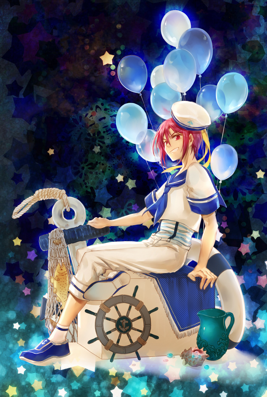 anchor balloon child fang free! full_body grin hat highres huazha01 male_focus matsuoka_rin open_mouth red_eyes red_hair sailor sailor_hat smile solo younger