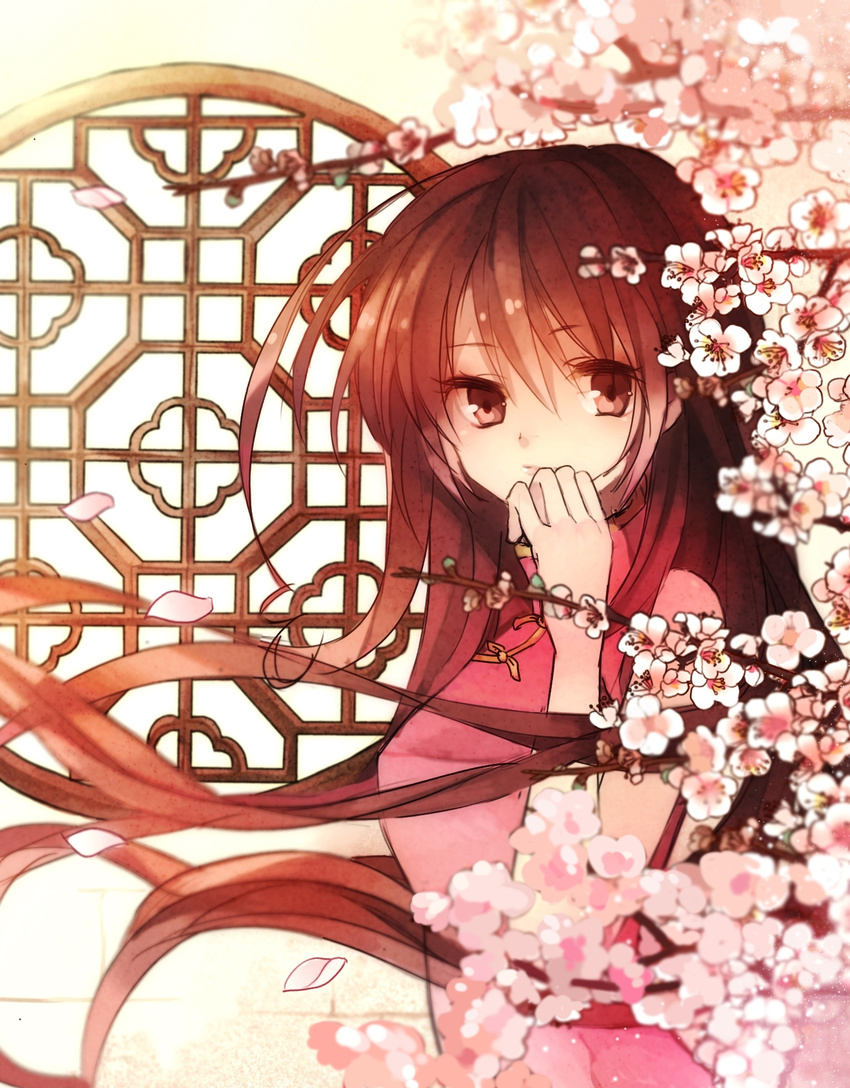 ahoge axis_powers_hetalia bangs bare_shoulders blurry blush branch brown_eyes brown_hair cherry_blossoms china_dress chinese_clothes depth_of_field dress expressionless flower hair_between_eyes hand_to_own_mouth highres huge_ahoge lattice lips long_hair looking_at_viewer petals pink_dress q-chiang round_window sleeveless sleeveless_dress solo taiwan_(hetalia) upper_body window