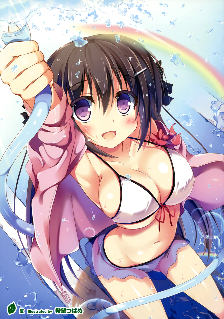 :d absurdres arm_up artist_name bikini bikini_skirt blush bow breasts brown_hair cleavage collarbone foreshortening front-tie_bikini front-tie_top hair_bow hair_ornament hairclip highres hose large_breasts long_hair looking_at_viewer nozomi_tsubame open_clothes open_mouth open_shirt original purple_eyes rainbow see-through shirt skindentation smile solo strap_gap swimsuit tareme water watermark white_bikini