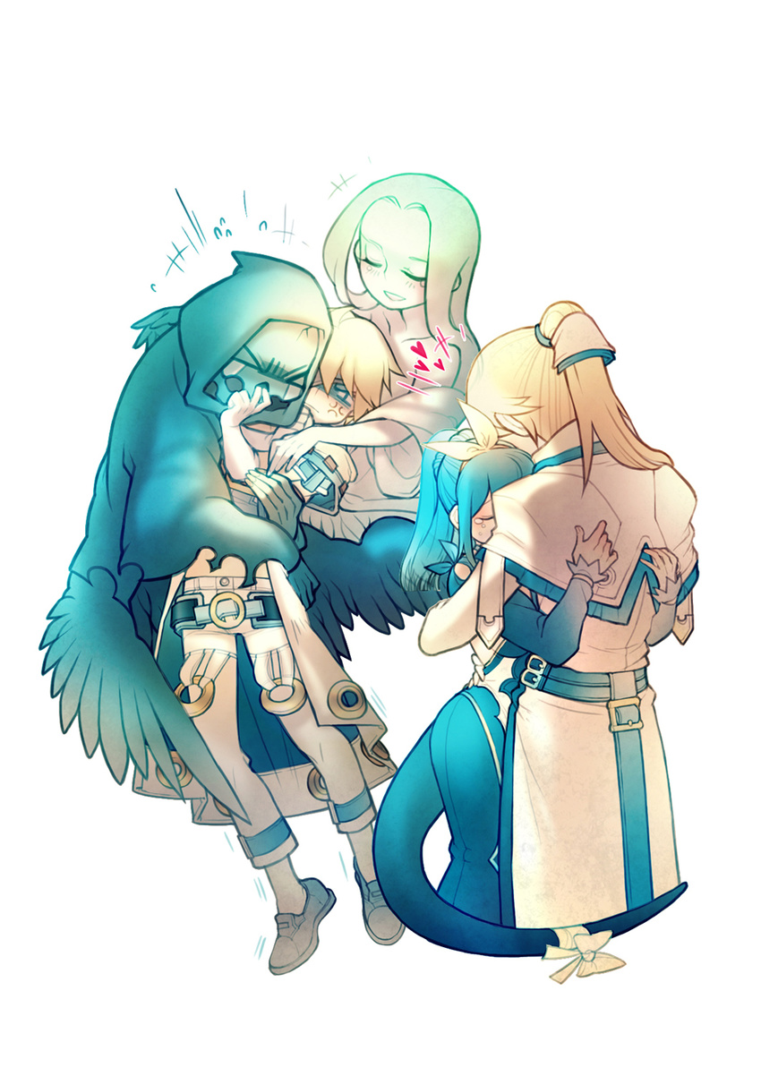 2girls asymmetrical_wings bad_id bad_pixiv_id blonde_hair blue_hair bow closed_eyes dizzy eyepatch family father_and_son guilty_gear guilty_gear_2 highres hug husband_and_wife ky_kiske long_hair mother_and_son multiple_boys multiple_girls necro_(guilty_gear) ponytail ribbon san_(winteroll) sin_kiske skull tail tail_ribbon tears twintails undine_(guilty_gear) wings