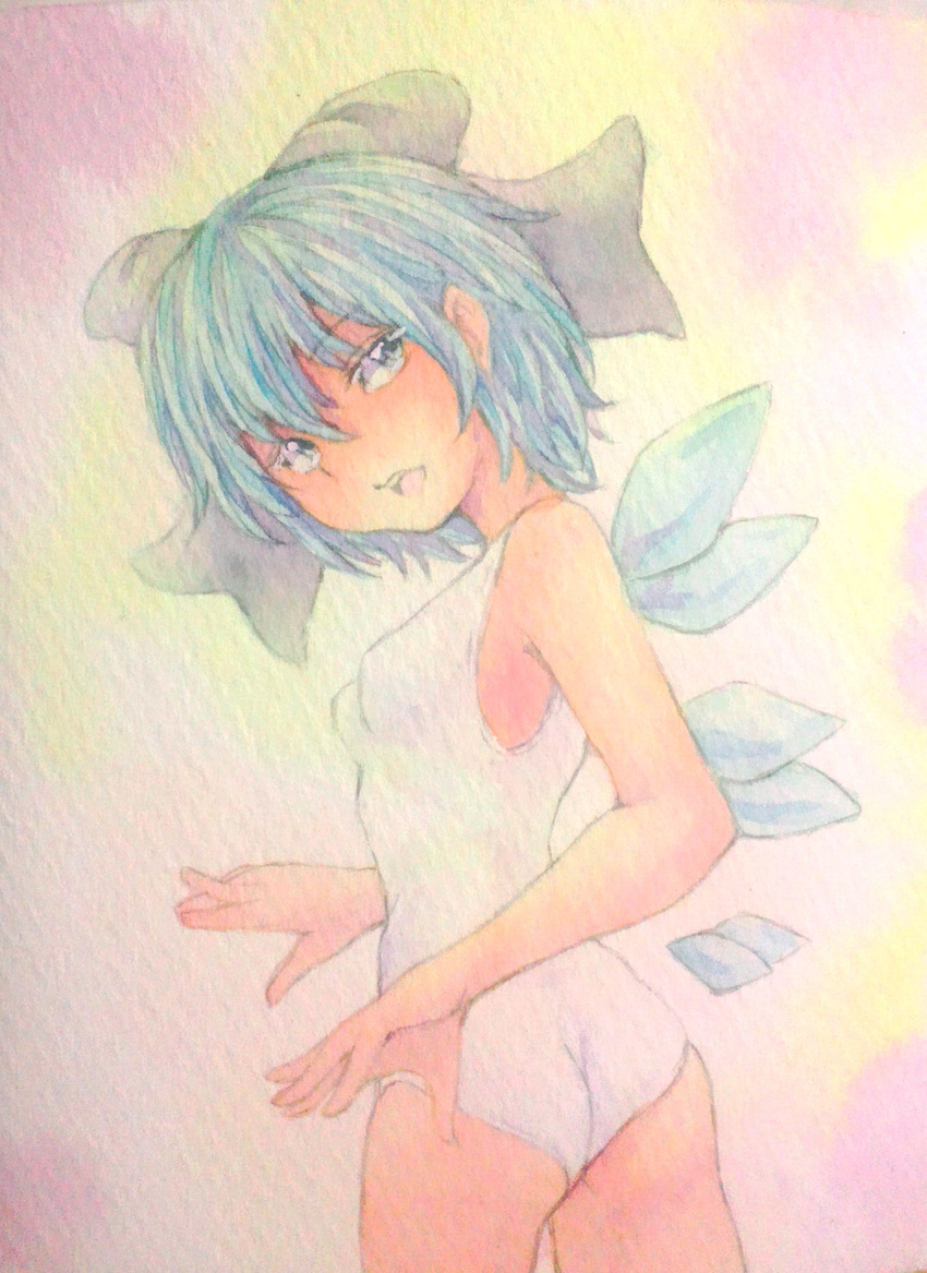 alternate_costume blue_eyes blue_hair bow breasts casual_one-piece_swimsuit cirno hair_bow highres ice ice_wings looking_at_viewer looking_back one-piece_swimsuit open_mouth pink_background short_hair small_breasts solo swimsuit touhou traditional_media twisted_torso watercolor_(medium) white_swimsuit wings yuyu_(00365676)