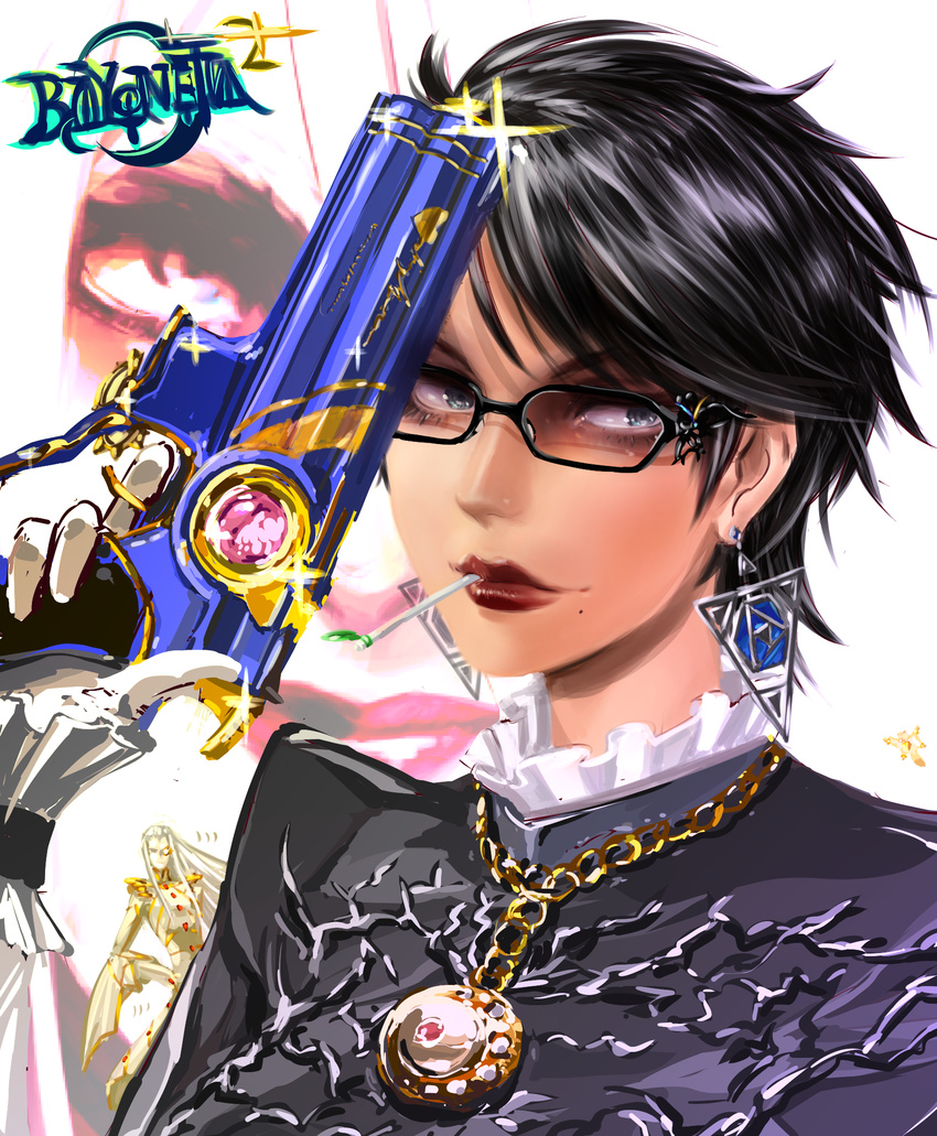 bayonetta bayonetta_(character) bayonetta_2 black_hair blue_eyes female glasses highres short_hair yakibuta_(shimapow)